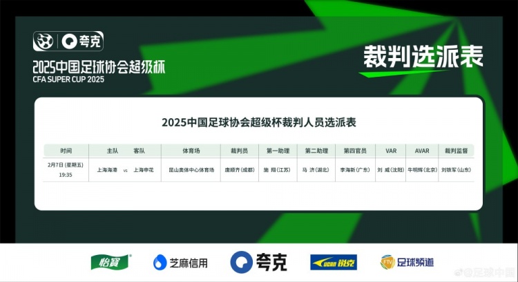  超級杯海港vs申花裁判員名單：主裁判唐順齊，VAR劉威
