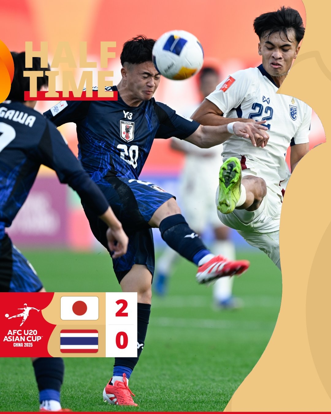  半場-日本U20 2-0領先泰國U20，石井久繼破門+中柱 泰國0射正