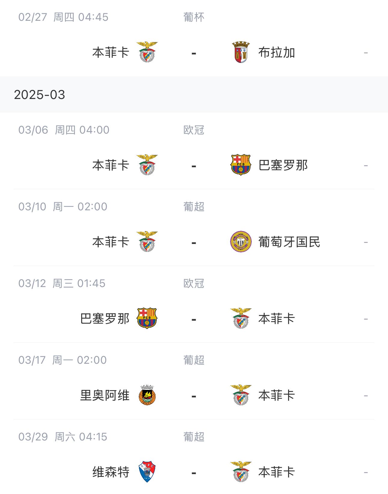  讓路歐冠！本菲卡戰(zhàn)巴薩首回合比賽前的葡超比賽推遲進行