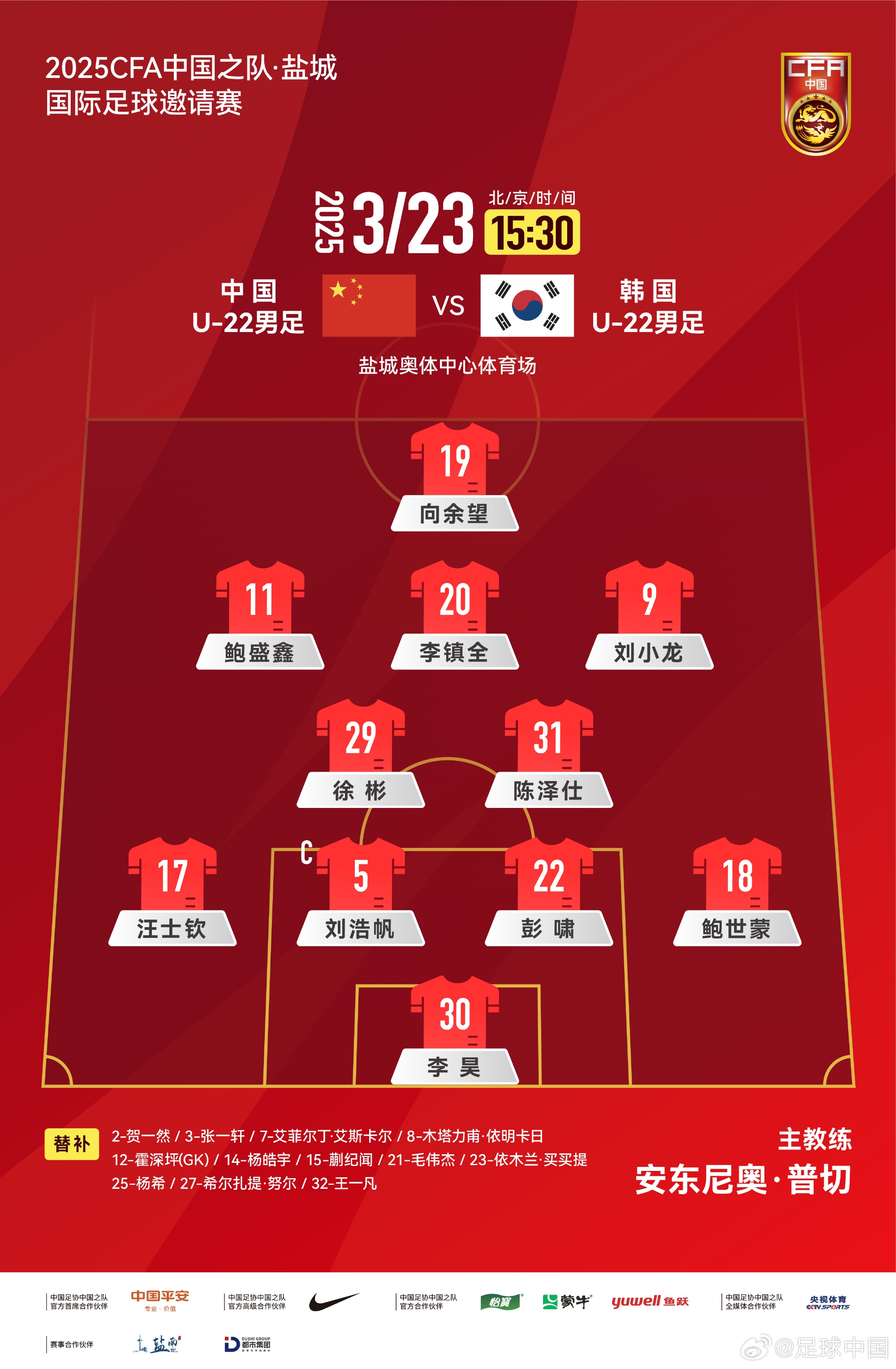  鹽城四國賽，中國U-22男足對陣韓國U-22男足，中國隊首發(fā)陣容